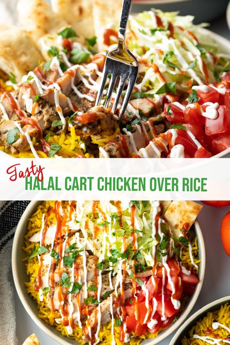 How to Make the Best Halal Cart-Style Chicken Recipe (+ VIDEO) - This Middle Eastern street food favorite layers zesty grilled chicken with tangy yogurt sauce and fresh chopped veggies over fluffy yellow rice. It's great to make ahead and meal prep, and perfect to customized to your tastes! Serve Halal Chicken Over Rice for lunch or dinner in a bowl for a convenient and satisfying one-bowl meal. | A Spicy Perspective Halal Chicken Bowl, Halal Street Cart Chicken, Halal Cart Rice, Halal Lamb And Chicken Over Rice, Middle Eastern Chicken And Rice Bowl, Chicken Over Rice Halal, Chicken Gyro Rice Bowl, Halal Cart Chicken And Rice, Halal Chicken And Rice White Sauce