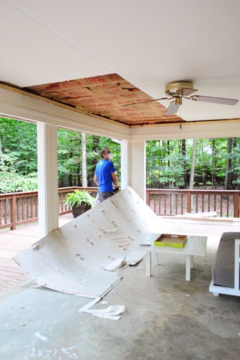 Tearing Down An Old Ceiling (So We Can Vault It) | Young House Love Old Ceiling, Wood Plank Ceiling, Easy Home Improvement Projects, Fixer Upper Home, Old Cabin, Plank Ceiling, Porch Ceiling, Beadboard Ceiling, Young House