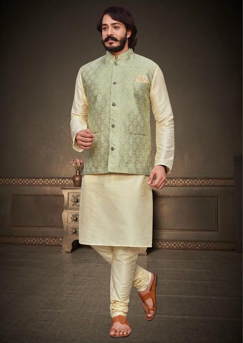 Men's Traditional wear Kurtas Traditional Indian Wear Long Kurta made from lsilk. The solid style pattern adds to the regal style of the kurta. Traditionally worn over Indian Churidar Pajama Bottoms. Koti fabric- Jequard silk Kurta Fabric- Silk Chudidar Pajama- silk Available Size- 34, 36, 38, 40, 42, 44,46 Fitting Details : Standard Length would be till the Knees. Sizes are based on Body Chest Measurements in inches. For Size Chart please refer separate image attached here... Mens Traditional Wear, Nehru Jacket For Men, Wedding Kurta For Men, Kurta Pajama Men, Groomsmen Outfits, Men Kurta, Nehru Jacket, Kurta Pajama, Nehru Jackets