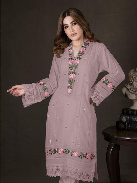 Embroidery With Pearls, Lace Designs On Suits, Onion Pink, Stylish Kurtis Design, Lace Dress Design, Designer Kurti Patterns, Pakistani Fancy Dresses, Kurta Neck Design, Dress Design Patterns