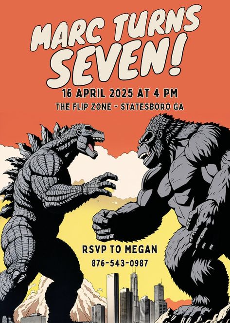 King Kong and Godzilla Invitation, King Kong and Godzilla Birthday Invitation, Kid Invite, Editable Canva Godzilla Birthday Invitation, Godzilla And King Kong Birthday Party, King Kong Vs Godzilla Birthday Party, Godzilla Party Ideas, Godzilla Invitations, King Kong And Godzilla, Kong And Godzilla, Levi Birthday, Godzilla Party