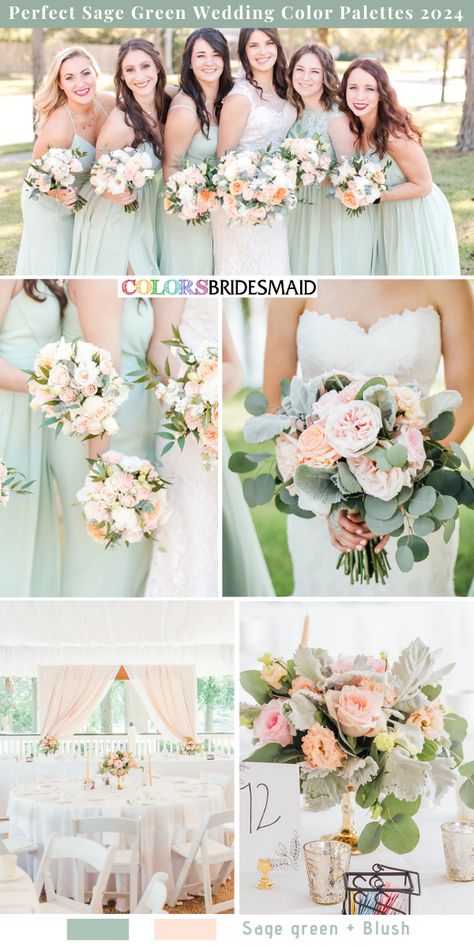 7 Perfect Sage Green Wedding Color Palettes for 2024 - ColorsBridesmaid Sage Green Wedding Color Schemes, Dusty Rose Gold Wedding, Green Wedding Color Schemes, Sage Green And Blush Wedding, Green And Blush Wedding, Bouquet Sage Green, Blush Wedding Decorations, Wedding Table Cloth, Sage Green Bridesmaid Dresses