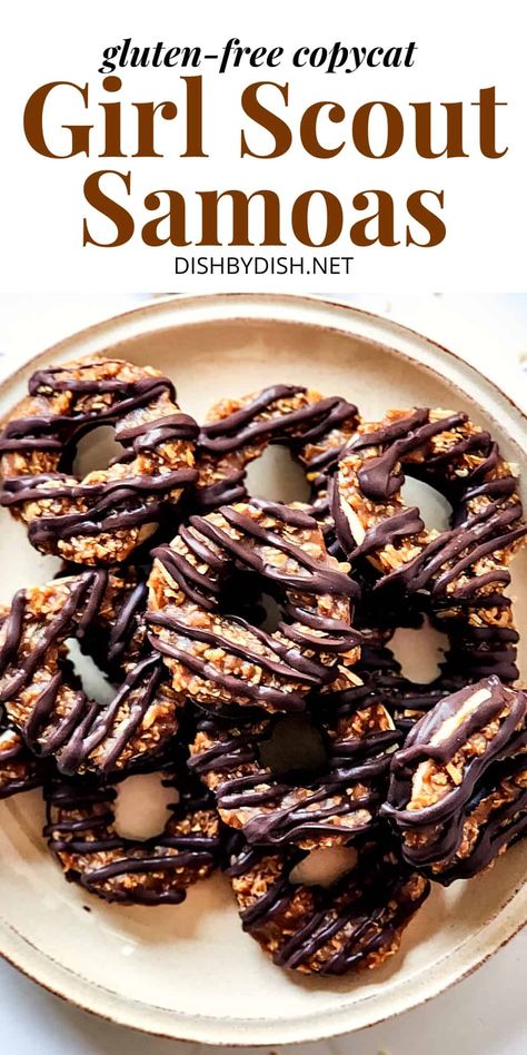 These gluten-free samoas cookies are a homemade version of the beloved coconut Girl Scouts cookies that we know and love. Totally dairy-free too, these caramel delites are a great snack everyone will love. Go bake a big batch today! Gf Crumbl Cookies, Gluten Free Crumbl Cookies, Gluten Free Girl Scout Cookies, Girl Scouts Cookies, Samoa Cookies Recipe, Samoas Cookies, Gluten Free Dairy Free Snacks, Gluten Free Cookies Easy, Crumble Cookie