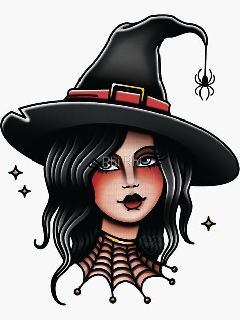 Traditional Witch Tattoo Flash, Black And Grey Witch Tattoo, Halloween Lady Tattoo, Traditional Tattoo Art Halloween, Witch Head Tattoo, Vintage Witch Tattoo, Vampire Tattoo Traditional, Witch Tatoos Ideas, Neo Traditional Pinup Tattoo