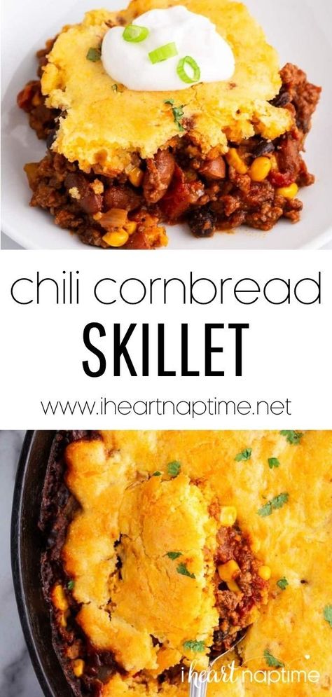 Cornbread Skillet Recipe, Meals To Make With Cornbread, Chili Recipe With Cornbread, Chili And Cornbread Recipe, Cornbread Skillet Casserole, Cornbread Recipe Cast Iron Skillet, Cornbread And Chili Recipe, Cornbread Dinner Recipes, Chili Skillet Recipe