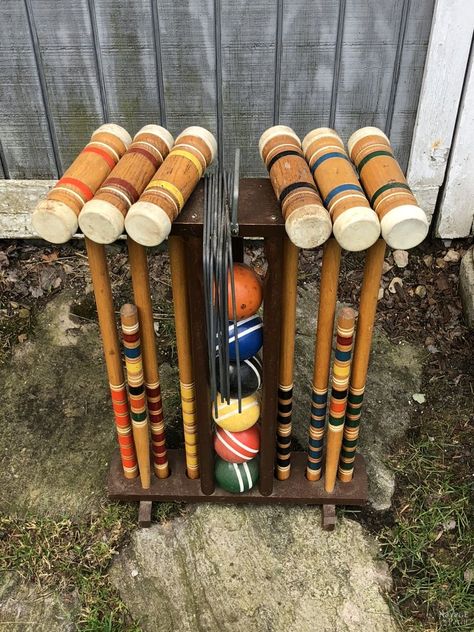 Croquet Mallet Pool Towel Rack Croquet Mallet Ideas, Beach Towel Rack, Towel Rack Pool, Painting Bathtub, Salvaged Doors, Floating Shelves Bathroom, Textiles Projects, Bookshelf Design, Backyard Games