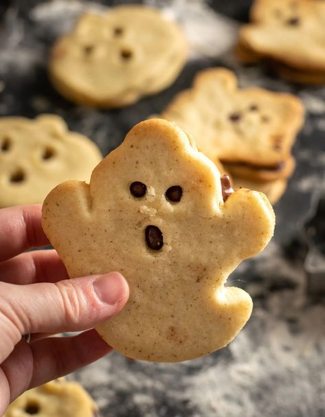 Halloween Shortbread, Halloween Shortbread Cookies, Candy Corn Shortbread Cookies, Ghost Halloween Cookies, Browned Butter Halloween Candy Cookies, Halloween Candy Cookies Leftover, Halloween Tea Party, Halloween Food Desserts, Buttery Shortbread Cookies