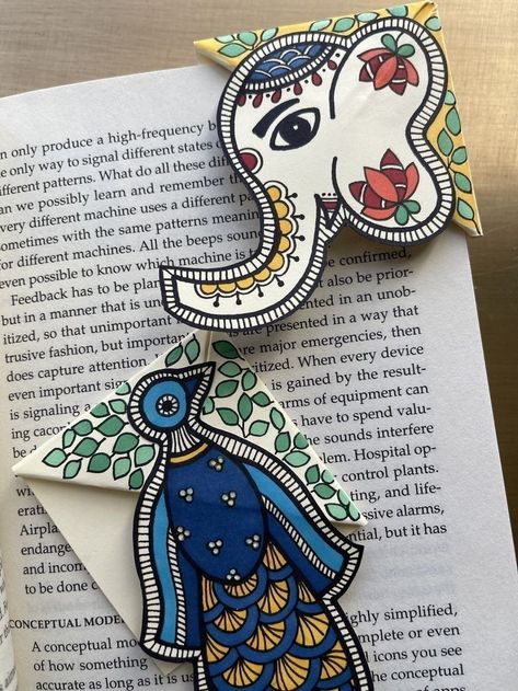 Unique Bookmarks Handmade, Madhubani Peacock, Beautiful Bookmarks, Elephant Book, Ancient Indian Art, Handmade Bookmarks Diy, Handmade Bookmarks, Creative Bookmarks, Bookmark Craft