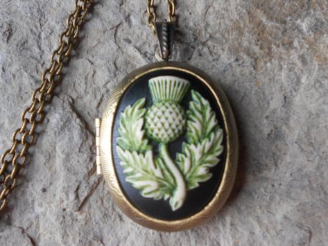 LOCKET--Stunning Scottish Thistle Cameo (hand painted green) Bronze Pendant Locket-- Scotland -  2" Thistle Jewellery, Scottish Jewelry, National Emblem, Pendant Locket, Scottish Fashion, Scottish Jewellery, Scottish Thistle, Irish Jewelry, Bagpipes