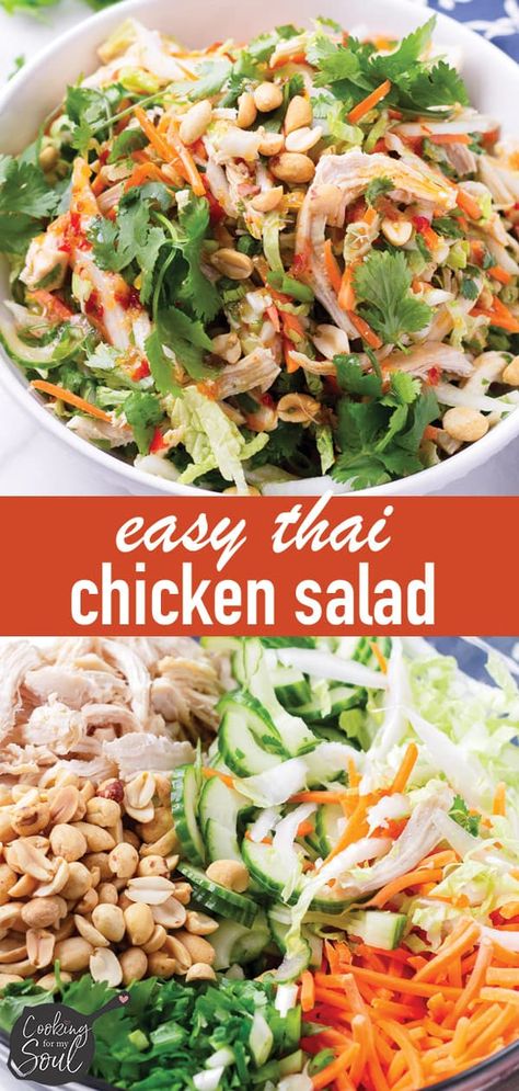 Crunchy Thai Chicken Salad! Delicious Thai style chicken salad, packed with napa cabbage, cilantro, scallions, carrots, and peanuts. Dressed with a sweet chili dressing #cookingformysoul Sweet Chili Dressing, Thai Style Chicken, Chili Dressing, Salad Cucumber, Thai Chicken Salad, Thai Salads, Chicken And Cabbage, Salad Meal Prep, Poached Chicken