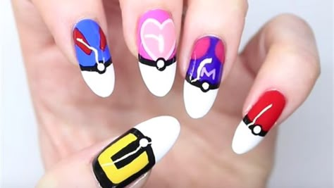 Pokemon Go Poke Ball French Tip Nails - Style - NAILS Magazine Really Easy Nails, Pokemon Nail Art, Pikachu Nails, Nerdy Nails, Easy Toe Nail Designs, Themed Nails, Poke Ball, Ombre Nails Glitter, Black Nail Designs