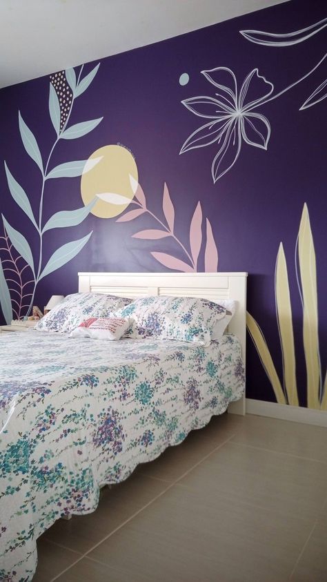 wall painting for bedroom Purple Wall Painting Ideas, Bedroom Wall Painting Ideas Creativity, Purple Accent Wall Bedroom, Wall Painting For Bedroom, Simple Wall Paintings, Wall Painting Living Room, Painting For Bedroom, Creative Wall Painting, House Wall Design