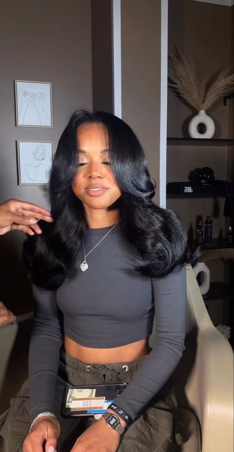 Layered Wig Hairstyles For Black Women, Sew In Layers Weave, 16 Inch Sew In Weave Leave Out, Wavy Hair Sew In Black Women, Sew Ins Middle Part, Prom Hairstyles Weave, Layers Sew In, Quick Weave Layers, Middle Part Sew In With Curls