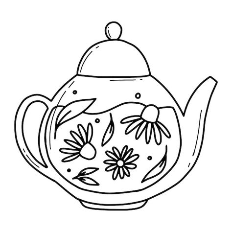 Teapot Line Drawing, Tea Pot Drawing Simple, Tea Pot Outline, Simple Teapot Drawing, Tea Pot Doodle, Tea Line Art, Tea Illustration Art, Tea Pot Drawing, Teapot Sketch