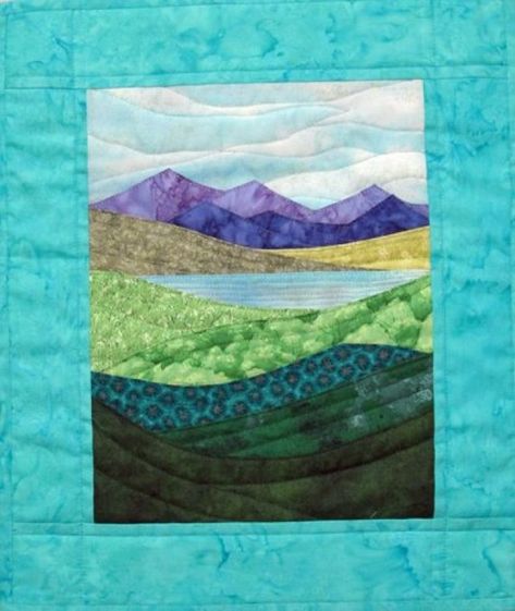 Landscape Quilts Tutorial, Quilting Applique, Landscape Art Quilts, Mountain Quilts, Quilted Wall Hanging, Landscape Quilt, Quilts Patterns, Acrylic Landscape, Fabric Postcards