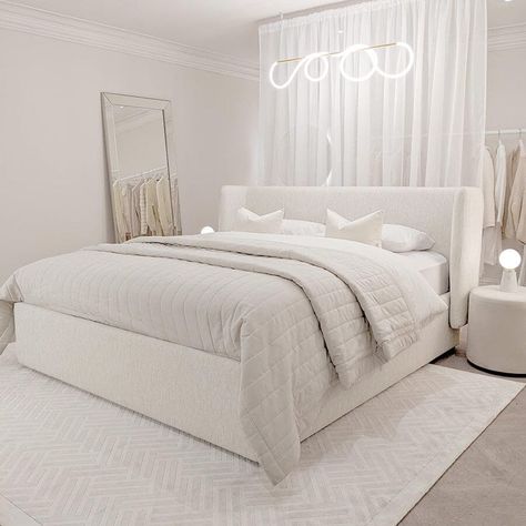 Luxury White Bed Frame, King Size Bed Master Bedrooms Cozy, Beds In Front Of Windows Ideas, Simple White Room, Tech Apartment, Ivory Bedroom, Cream Bed, White Beds, Rowen Homes