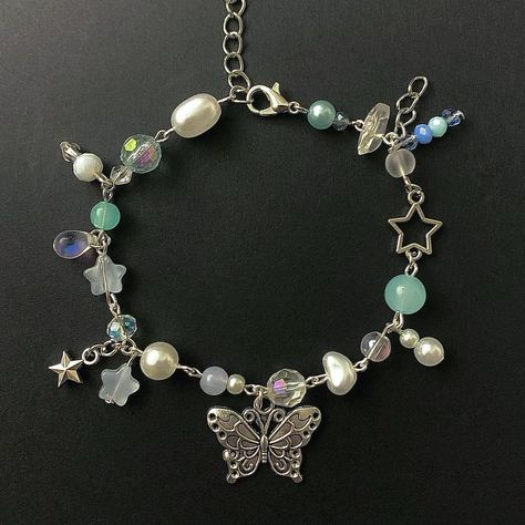 Cute Silver Jewelry With Butterfly Charm, Clutter Bracelet, Blue Bracelets, Portals Bracelet, Cluttered Bracelets, Handmade Blue Fairycore Jewelry, Blue Butterfly Bracelet, Fairycore Butterfly Charm Necklace For Gift, Fairycore Necklace With Butterfly Charm For Gift