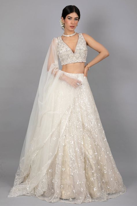 Ivory White Shimmery Lehenga with Embroidered Blouse & Silver Highlights - Seasons India Shimmery Lehenga, Silver Lehenga, White Lehenga, Silver Highlights, Kids Blouse, Unstitched Suits, Elegant Look, Wedding Mood Board, Wedding Mood