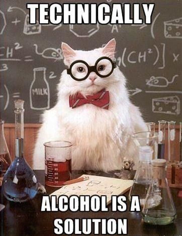 Is alcohol really a solution? - Chemistry Stack Exchange Science Cat, Chemistry Puns, Chemistry Cat, Science Puns, Chemistry Humor, Nerd Jokes, Chemistry Jokes, Science Nerd, Nerd Humor