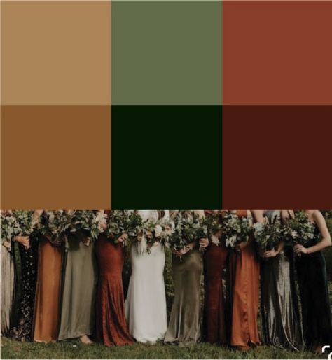 Bohemian Wedding Bridesmaids Dresses, Earthy Tones For Wedding, Fall Wedding Colors Bronze, Dark Green And Dark Orange Wedding, Forest Green And Bronze Wedding, Dark Orange And Green Wedding, Green Orange And Cream Wedding, Orange Green Tan Wedding, Fall Color Palette Bridesmaid Dresses