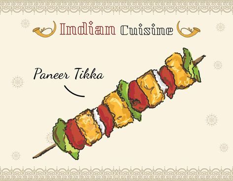 Tandoori paneer tikka illustration. Popular Indian street food or starter. Roasted Cottage Cheese Cubes. Indian Fast Food, Tandoori Paneer, Plants Worksheets, Paneer Dishes, Food Doodles, Menu Designs, Paneer Tikka, Food Cartoon, Design Sketchbook