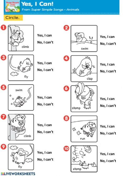 Yes, I can (read and circle) - Interactive worksheet Yes I Can No I Cant Worksheet, I Can Worksheet For Kids, I Can Read Worksheets, I Can I Can't Worksheet For Kids, Animal Abilities, Circle Worksheet, Baby Development Activities, English Grammar For Kids, Learning Phonics