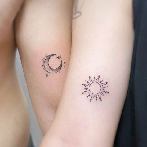 Anniversary Tattoos, Sun And Moon Tattoos, Tattoo Sonne, Anniversary Tattoo, Luna Tattoo, Maching Tattoos, Twin Tattoos, Moon Sun Tattoo, Sun Tattoo Designs