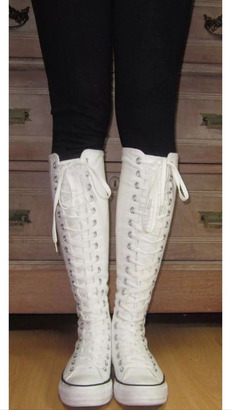 White Knee High Converse, Knee Converse, Converse Knee High, Knee High Shoes, Converse With Dress, Knee High Sneakers, Knee High Converse, High Converse, Converse Style Women