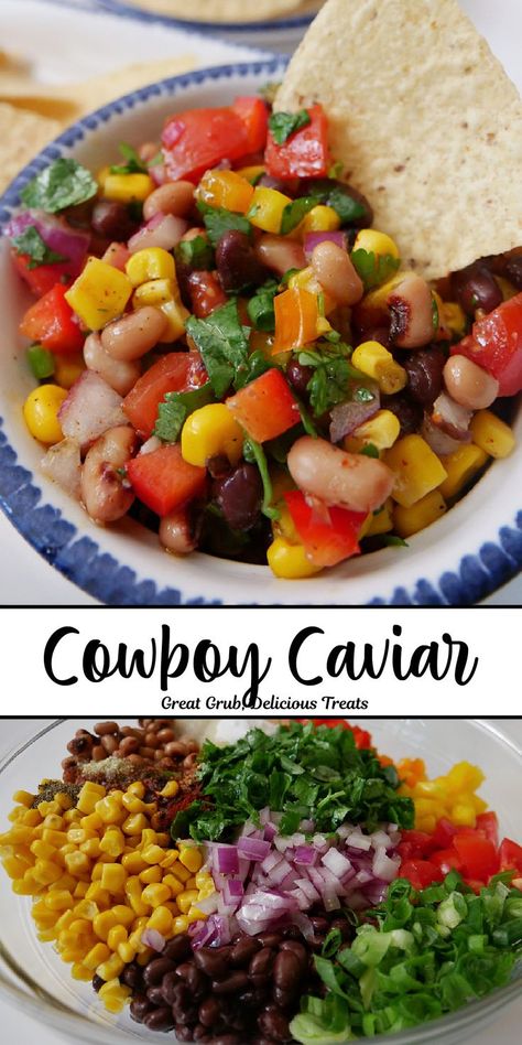 A double photo collage of a colorful and hearty dip in a white bowl with a chip dipping into it. Cowboy Caviar Dip, Caviar Dip, Empanada Recipes, Pig Shots, Party Food Bar, Caviar Recipes, Delicious Dips Recipes, Vegetable Dip, Cowboy Caviar