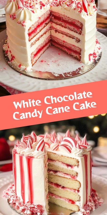 White Chocolate Candy Cane Dream Cake: Festive Delight for the Holidays Indulge in the ultimate holiday treat with our White Chocolate Candy Cane Dream Cake. This elegant dessert combines rich white chocolate and refreshing peppermint, perfect for captivating both eyes and taste buds at your festive gatherings. White Chocolate Peppermint Cake, Candy Cane Cake Recipe, Candy Cane Cake, Chocolate Peppermint Cake, Peppermint Recipes, White Chocolate Candy, Cupcake Gift, Elegant Desserts, Dream Cake