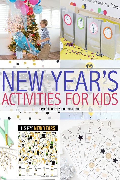 Looking for some fun activities for the family to do on New Year's Eve? Look no further! I've got a collection of crafts, activities, games and printable! From overthebigmoon.com! Kids New Years Eve Activities Fun Games, New Years Activities For Kids, Nye At Home, Nye Activities, Nye Party Games, Nye Games, Family New Years Eve, Activity Games For Kids, New Year's Eve Crafts