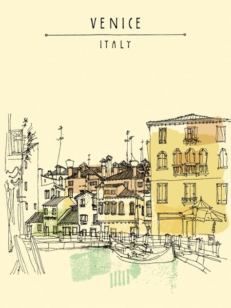 Venice background design Free Vector Illustration Postcard, Jonah And The Whale, Places In Italy, Italy Art, European Vacation, Venice Italy, Vintage Postcard, City View, Vector Photo