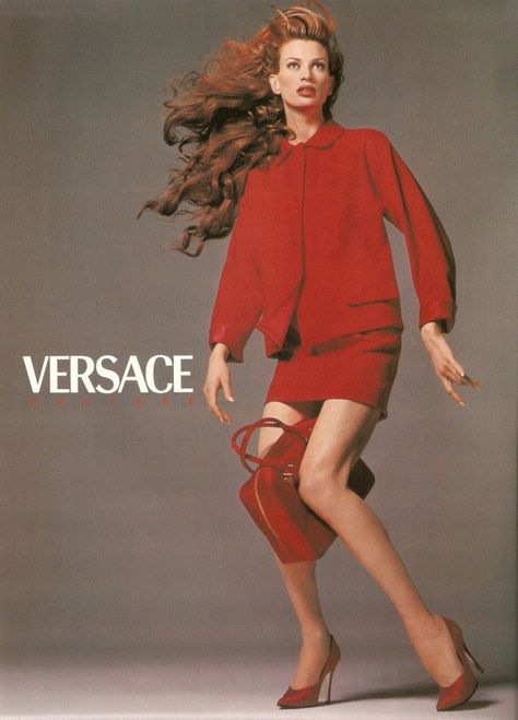 Versace Campaign, Trish Goff, 90s Editorial, Kristen Mcmenamy, High Fashion Poses, 90s Versace, Shalom Harlow, Amber Valletta, Red Mini Skirt