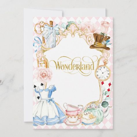 Wonderland Party Invitations, Tea Party Alice In Wonderland, First Birthday Invitation Cards, Diy Eid Gifts, Happy Unbirthday, Alice In Wonderland Invitations, Pink Girl Birthday, Baby Food Jar Crafts, Alice In Wonderland Tea Party Birthday