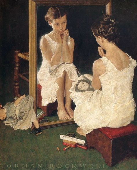 Print Girl at Mirror by Norman Rockwell - Etsy New Zealand Girl At Mirror, Art Mini Toile, Norman Rockwell Art, Frank Dicksee, Rockwell Paintings, Norman Rockwell Paintings, Alfred Stevens, Edouard Manet, Edward Hopper