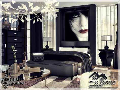 marychabb's MILO - Bedroom - CC only TSR Sims 4 Cc Furniture Sets Bedroom, Sims 4 Cc Bedroom Furniture, Japan Living, Black Bedroom Furniture, Sims 4 Bedroom, Black Bedroom, Wood Tile Floors, Bedroom Ceiling, Woman Bedroom