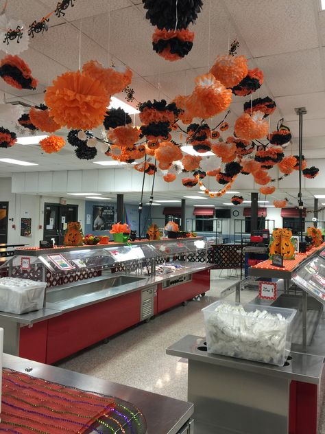 BES Halloween decorations for cafeteria Decorating Ideas For School Cafeteria, Breakroom Halloween Decor, Fall Decorations For Restaurant, Thanksgiving Cafeteria Decorations, School Lunch Line Decorations, School Cafeteria Halloween Decorations, High School Cafeteria Decorations, Halloween Decorations For School Cafeteria, Fall Ceiling Decorations For Classroom