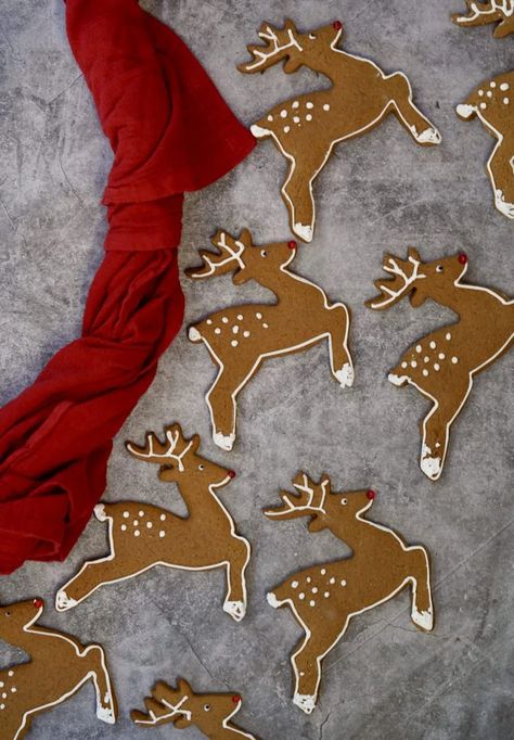 Gingerbread Reindeer Cookies For Santa | Simmer + Sauce Gingerbread Santa Cookie, Deer Gingerbread Cookies, Christmas Reindeer Cookies Decorated, Reindeer Cutout Cookies, Gingerbread Reindeer Cookies, Gingerbread Cookies Design, Gingerbread Nativity Scene, Decorated Reindeer Cookies, Reindeer Christmas Cookies