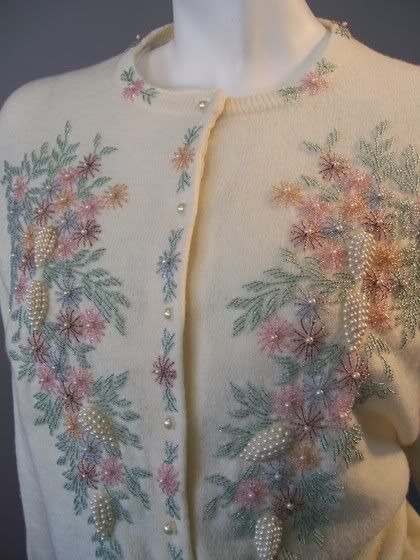 60's beaded cardigan...I love vintage cardigans so much. Beading On Clothes, Embroidery Lazy Daisy, Embroidery Cardigan, Daisy Stitch, Lazy Daisy Stitch, The Cardigans, Vintage Knitwear, Embroidery Vintage, Beaded Cardigan