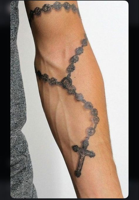 Cross Chain Tattoo, Rosary Tattoo Arm, Rosary Tattoo Wrist, Cross Necklace Tattoo, Rosary Bead Tattoo, Crucifix Tattoo, Around Arm Tattoo, Tattoo On Arm, Rosary Tattoo