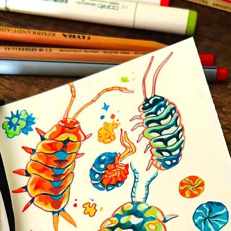 Alcohol Markers Illustration, Isopod Illustration, Marker Sketchbook Ideas, Bug Painting Ideas, Cute Bug Art, Isopod Drawing, Bugs Reference, Cute Bug Drawing, Bug Sketches