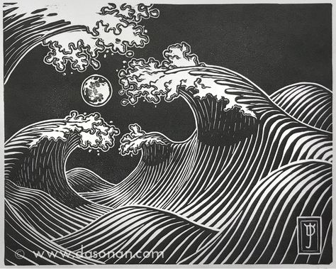 Japanese Linocut, Wave Linocut, Linoleum Print Ideas, Water Linocut, Wave Line Illustration, Linocut Ocean, Waves Linocut, Linocut Water, Surf Linocut