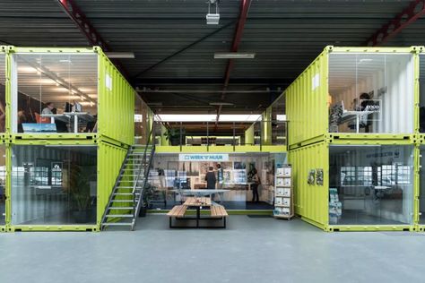 Co-Working Offices Are Built Out of Shipping Containers Inside Old Bakery Warehouse Office Design, Shipping Container Office, Shipping Container Buildings, Shipping Container Architecture, Shipping Container Design, Container Restaurant, Container Office, Warehouse Design, Shipping Container House Plans