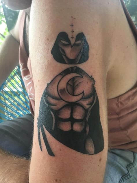 Moon Knight by Lil Pete High On Ink Victoria Australia Moon Knight Tattoo Ideas, Khonsu Moon Knight, Moon Knight Tattoo, Knight Tattoo Ideas, Victoria Tattoo, Tattoo Outfit, Moon Knight Comics, Comic Book Tattoo, Omerta Tattoo Design