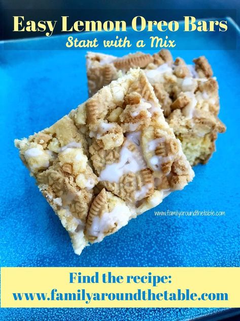 2 Oreo Lemon Bars on a plate with the website URL. Lemon Oreos, Lemon Oreo, Oatmeal Applesauce Cookies, Oreo Bars, Family Around The Table, Caramel Apple Cookies, Slow Cooker Recipes Dessert, Lime Recipes, Easy Treat