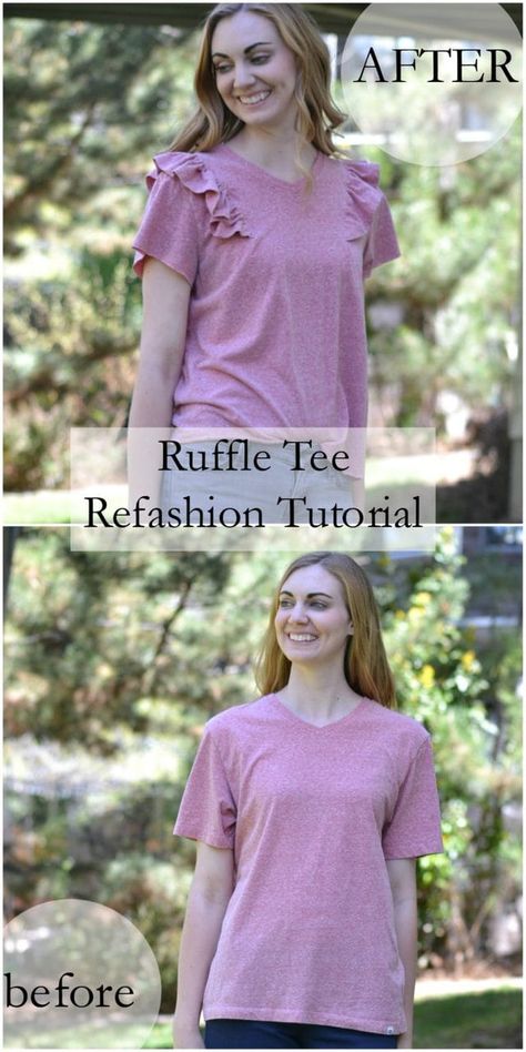 Ruffle Tee Refashion Tutorial • Heather Handmade Clothing Makeovers, Sewing Tutorials For Beginners, Trash To Couture, Diy Ruffle, Projek Menjahit, Women Sewing, Tshirt Refashion, Sewing Tips And Tricks, T-shirt Refashion