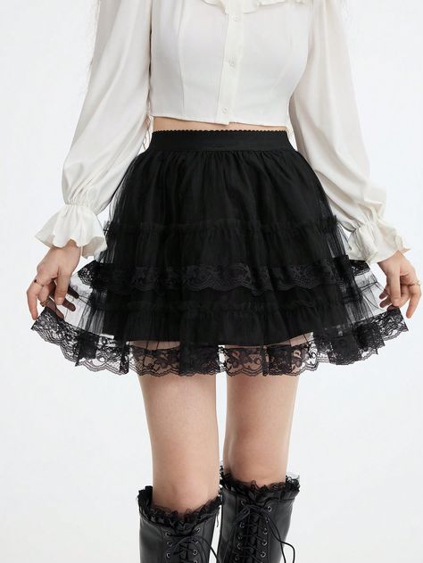 Jupe tutu avec dentelle tulle noire, style vintage de cour, élégante, pour banquet, rendez-vous, fête, festival Noir Élégant   Tissu tissé Unicolore multicouche Pas de l'extensibilité  Women Clothing, size features are:Bust: ,Length: ,Sleeve Length: Black Tulle, Tutu Skirt, Tulle Lace, Styl Vintage, Style Vintage, Women Clothing, Woven Fabric, Lace Trim, Womens Bottoms