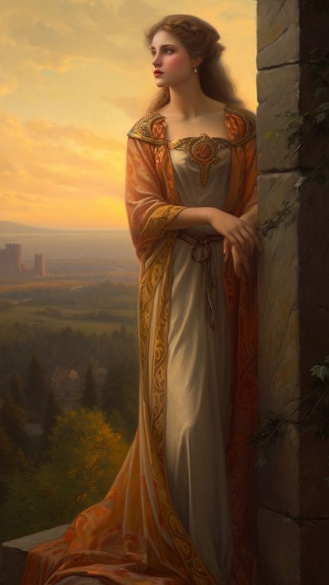 Enter the enchanting world of medieval princesses. Admire their grace, beauty, and strength as they navigate a world of chivalry and courtly love. #medievalprincesses #grace #beauty #strength #chivalry #courtlylove #royalty #fairytale #historical #regal Courtly Love Painting, Medieval Fantasy Princess, Royal Woman Art, Medieval Woman Art, Medieval Princess Aesthetic, Princess Art Medieval, Medieval Princess Art, Medieval Lady Art, Medieval Dress Painting