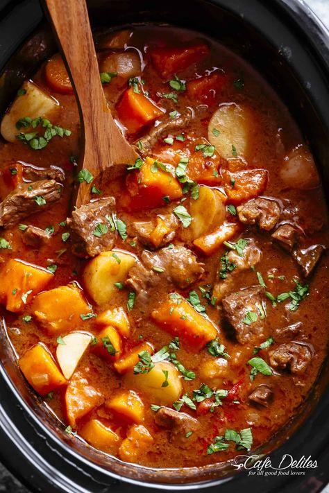 Slow Cooker Beef Stew - Cafe Delites Sweet Potato Beef Stew, Easy Stew Recipes, Fall Slow Cooker, Slow Beef Stew, Fall Slow Cooker Recipes, Meat And Potatoes Recipes, Beef Crockpot, Cook Dog Food, Beef Stew Crockpot