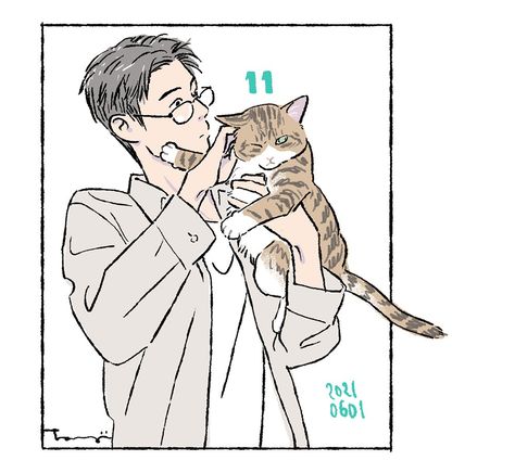 Cat With Owner Drawing, Holding An Animal Pose Reference, Holding Pet Reference, Holding Animal Drawing Reference, Yoko Tanji, Men With Cats, Person Drawing, Cat Doodle, Boy Drawing